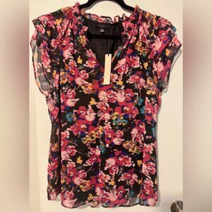 Vibrant Floral Chiffon Blouse - Black and Pink - NWT